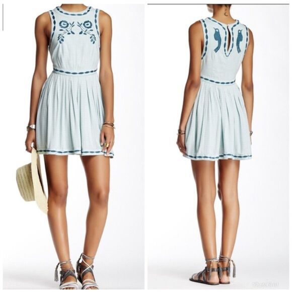 Free People Birds of a Feather Gauzy Mint Green Bird Embroidered Mini Dress 2 - Picture 1 of 5